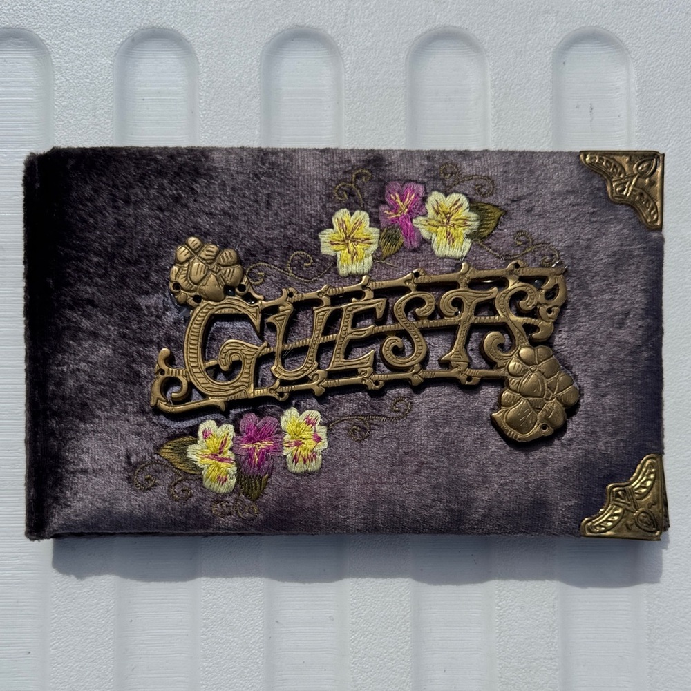 Elegant Gray Guest Book with Floral Embroidery